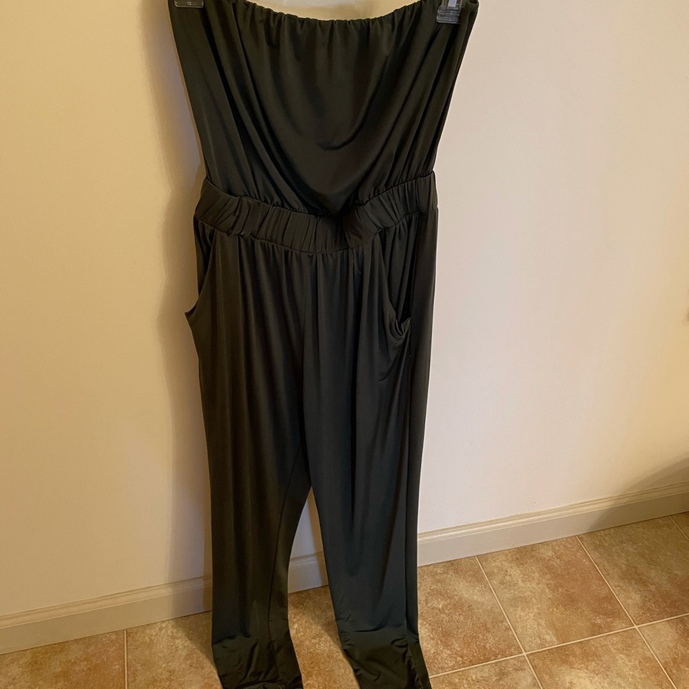 Off the shoulder, forest green jumpsuit
